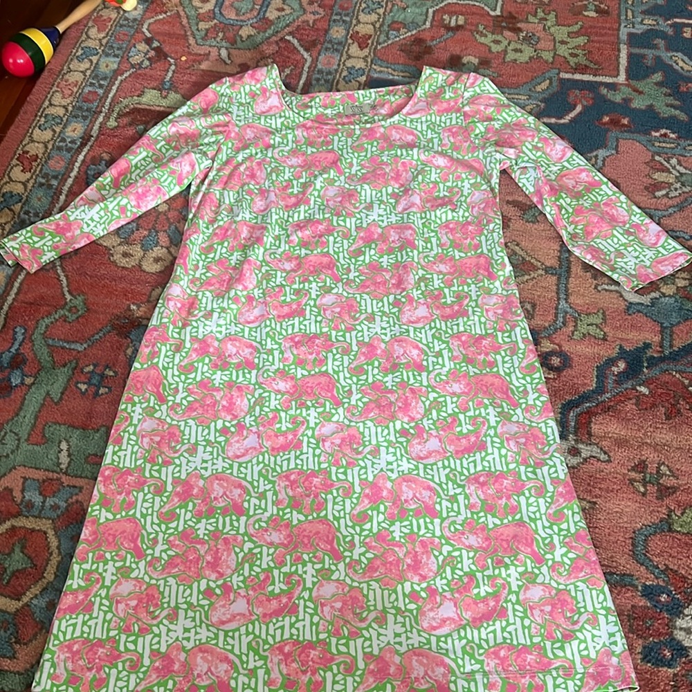 Katherine Way Original Pull On Bright Elephant Print Dress Sz Medium Made in USA